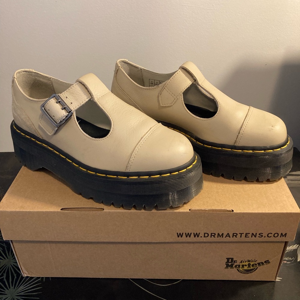 Dr. Martens Cream Platform Mary Jane Shoes with Black Sole